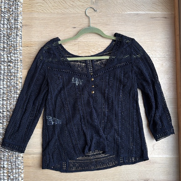 Sezane Izya Blouse Sz 36 Navy Openwork Blue - Picture 4 of 6